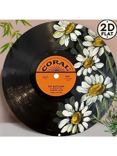 1pc Vintage Style 2D Flat Black Vinyl Record Wall Art - 8" Round Aluminum Sign With Daisy Design, Reusable Classic Decor For Home, Bar, Cafe, Club, Dorm - Ideal Gift For Music Lovers, Wall Decor Sign|Retro Decor Item|Aluminum Sign, Music Room Decor