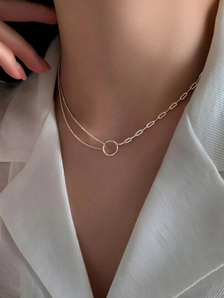 Ожерелье с подвеской в виде двойного круга (ELSEDES Silver Circle Double-Layer Pendant Necklace) ELSEDES 925 Silver Circle Double-Layer Asymmetric Chain Pendant Necklace