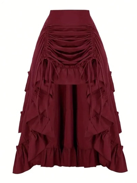 [High-Waist Ruffle Trim Skirt] High-Waist Ruffle Trim Skirt, Fashionable High-Low A-Line Drawstring Maxi Skirt, Pleated Ruffle Hem, Multi-Layer Design, Women's Casual Wear For Spring & Summer
