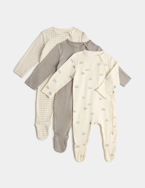 3-6 Months - 3 Pack Pure Cotton Dinosaur Sleepsuits