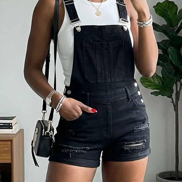 Women'S Ripped Denim Overall Shorts, Adjustable Straps, Casual Stretch Skinny Fit Short Overalls with Pockets