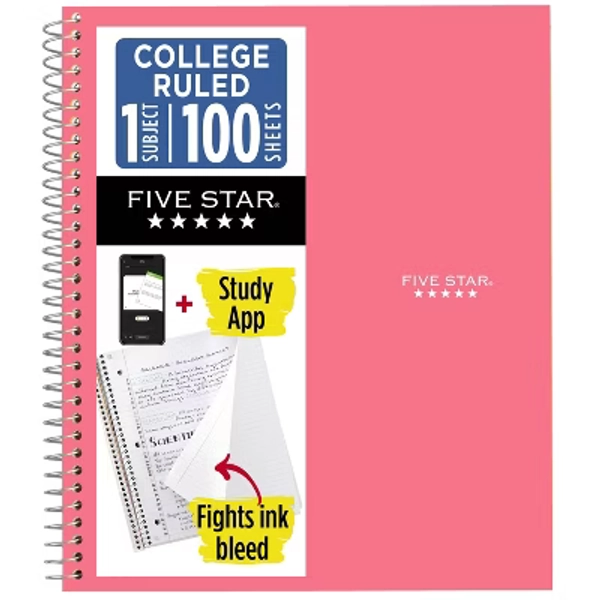 Five Star 8.5"x11" 1 Subject College Ruled Notebook Prom Pink 100 Pages