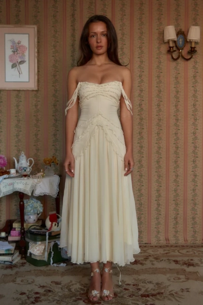 Classic Ivory Off-the-Shoulder V Neck Prom Dress Sleeveless Tea Length Dress with Ruffles YC0290 | STIUUS