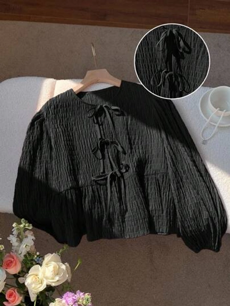 Comfortcana Women's Black Casual Minimalist Tie Bow Long Sleeve Shirt