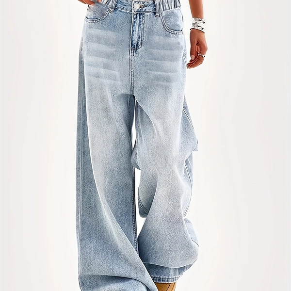 Teen & Young Girls Light Blue Washed Relaxed Fit Straight-Leg Jeans - Elastic Waist Casual Pants, Machine Washable Long Length Boyfriend Style for Casual Attire, Teen Casual Clothing | Boyfriend Jeans | Classic Blue Jeans