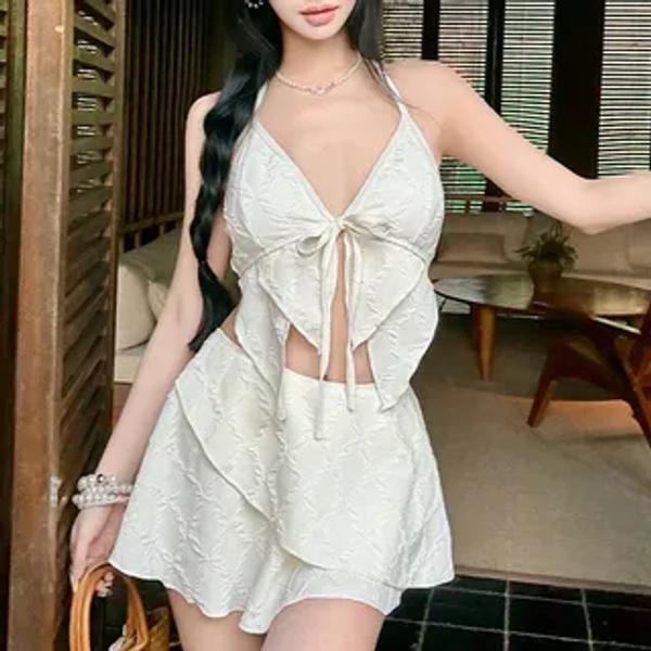 Set: Halter-Neck Plain Tie-Front Bikini + Cover-Up