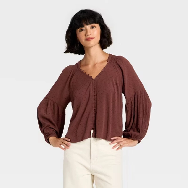 Women's Balloon Long Sleeve Button-Down Blouse - Universal Thread™ Burgundy L