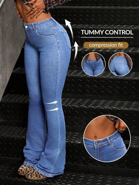 SHEIN Tall Women's Front Button Pocket Casual Mid-Waist Skinny Flare Jeans