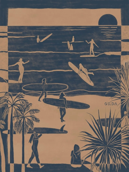 Surf Bums , Blue Surf Scene Art Print – California Beach, Tropical Wall Decor