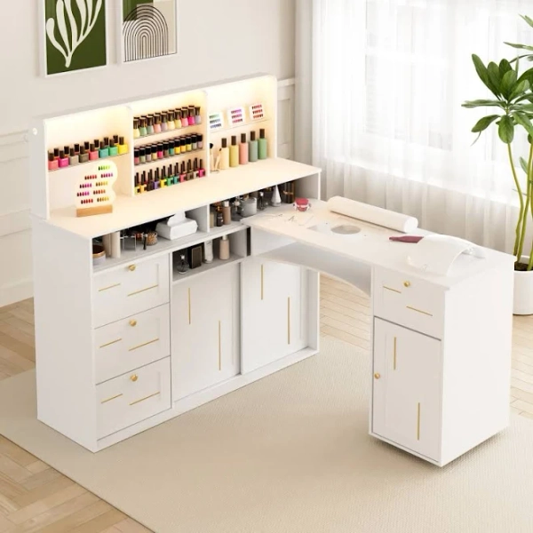 Advwin L-Shaped Nail Desk with Mobile Desktop
