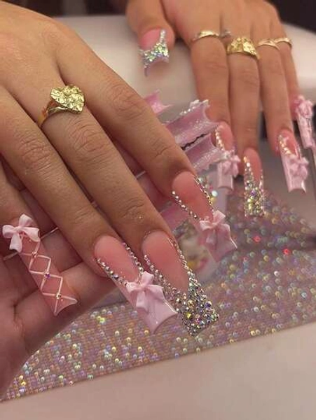 24Pcs Pink French Tip Xxl Long Square Press On Nails 3D Colorful Rhinestone&Pink Bow Nails Gothic Style Glossy Full Cover Fake Nails For Women And Girls - Includes Nail File & Jelly Adhesive Nail Supplies Nails