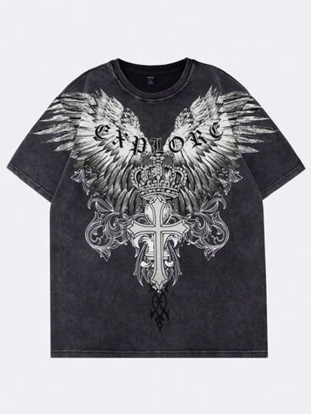 ROMWE MEN Men Gothic Style Washed Print Short Sleeve T-Shirt, Summer, Halloween