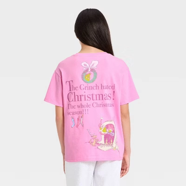 Girls' The Grinch Who Stole Christmas Oversized Front and Back Graphic T-Shirt - Pink M