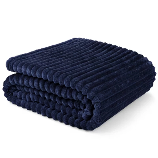 PAVILIA Super Soft Fleece Flannel Ribbed Striped Throw Blanket, Luxury Fuzzy Plush Warm Cozy for Sofa Couch Bed, Navy Blue/Twin - 60x80