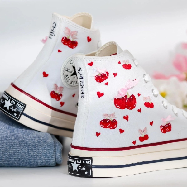 Custom Embroidered Converse High Tops, Sweet Cherries Embroidered Converse Shoes, Cherries Embroidered Sneaker Custom, Unique Gifts for Her