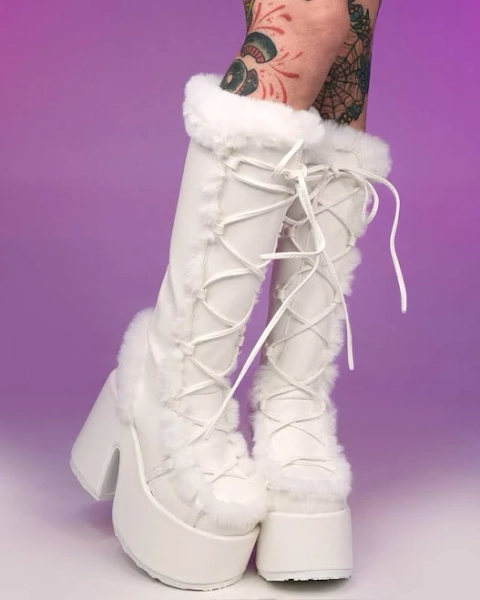 Demonia White Furry Winter Faux Fur Boots, US Women's 6
