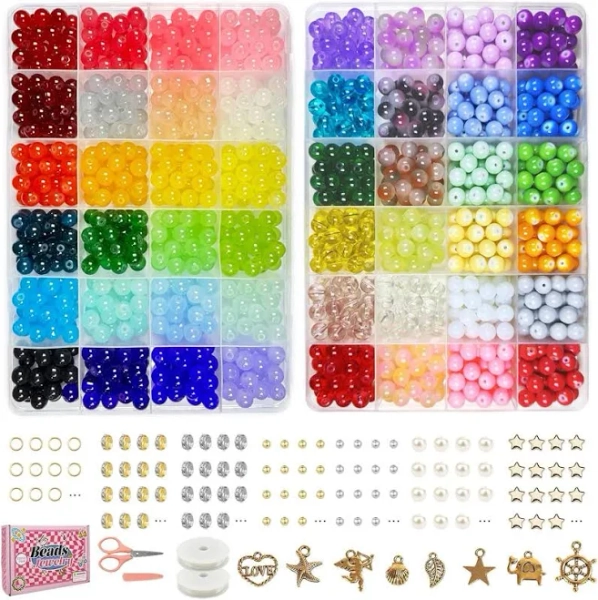 1500 Pcs 8mm Glass Beads Bracelet Making Kit, 48 Colors Crystal Beads