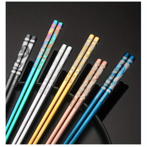 1 Pair New Year Dragon Chopsticks Metal Reusable Stainless Steel 304 Non-Slip Dishwasher Safe Laser Etched (Select Color ) for Restaurant