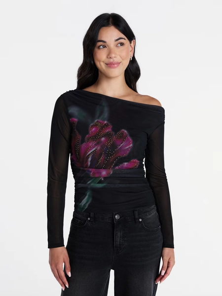 Madden NYC Women’s Asymmetrical Mesh Top with Long Sleeves, Sizes XXS-XXL - Walmart.com