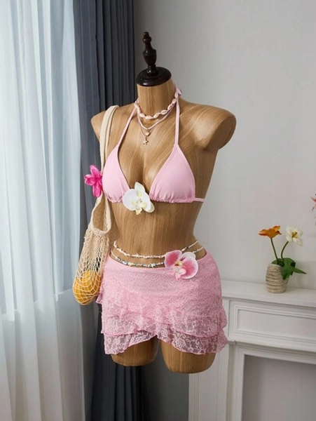 Bellisia Women's "Chill" Solid Color Halter Tied Sexy Bikini Set With Lace Mini Skirt Summer