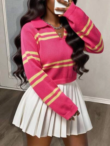 Slaydiva New Early Autumn, Autumn And Winter Back-To-School Season, Music Festival, Carnival, Casual Street Style, Sexy Daily Date, Popular Online Celebrity Outfits, Casual Elegance, Commuting, OL Style, Fake Style, POLO Neck, V-Neck, Long-Sleeved, Loose Fit, Short Yellow, Rose Red Striped Pullover, Sweater, Knitted Top, Women's Sweater Office Wear Back To School Rave Outfits Festival