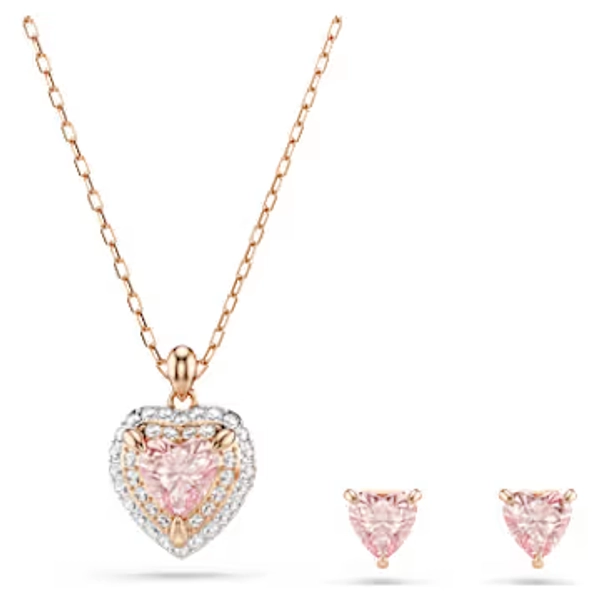One set, Heart cut, Pavé, Heart, Pink, Mixed metal finish