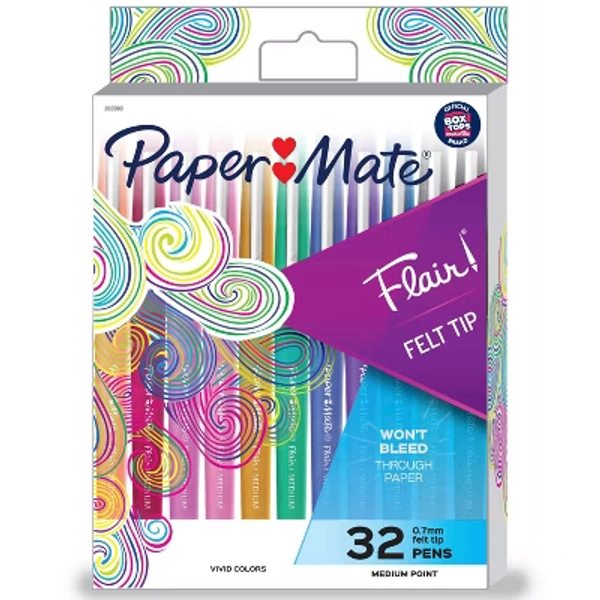 Paper Mate 32ct Flair Felt Pens 0.7mm Medium Tip Assorted Colors: School Supplies, Stationery, Durable, Fade-Resistant, Art Set