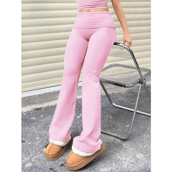 Women's Casual Solid Color Wide-Waist Flare Pants, Leggings Fold-Over Waist High Waist Ruched Slim Fit High Waist Tummy Control Flare Leggings Grey
