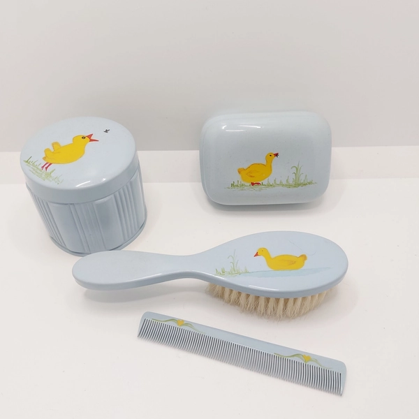 Vintage Celluloid Powder Pot, Soap Box, Baby Brush, Comb Nursery Set FOR DISPLAY