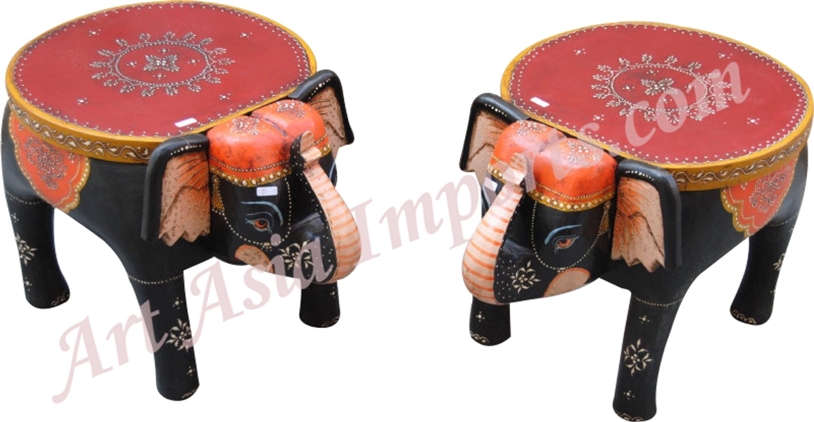 TD-3 2pcs set stool round, carved with elephant figure - Indian Furniture in USA & CA