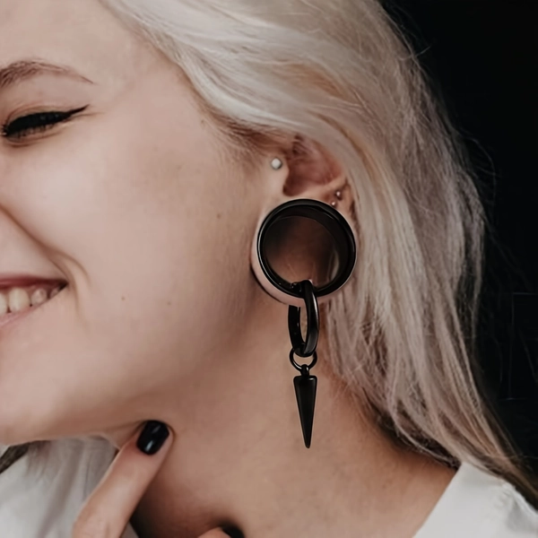 1 Pair of Hypoallergenic Stainless Steel Ear Expanders with Hooks - Black Cone Pendant & Ring Design, Gothic/Hip-Hop Style Body Piercing Jewelry for Casual Attire or Gifting