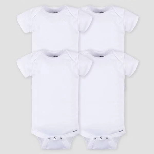 Gerber Baby 4pk Short Sleeve Onesies Bodysuit - White 0-3M: Cotton Bodysuits, Crotch Snap, Machine Wash, Tumble Dry, Ribbed Fabric