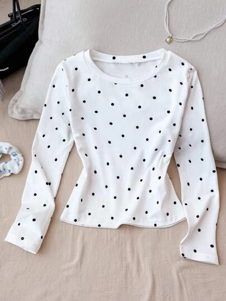 SHEIN Tween Girls Polka Dot Print Long Sleeve Round Neck T-Shirt