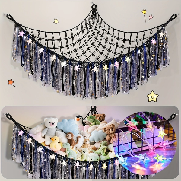 Stuffed Animals Net or Hammock with LED Light, Hammock Hanging Stuffed Animals Storage Organizer Holder, Room Halloween Décor for Bedroom