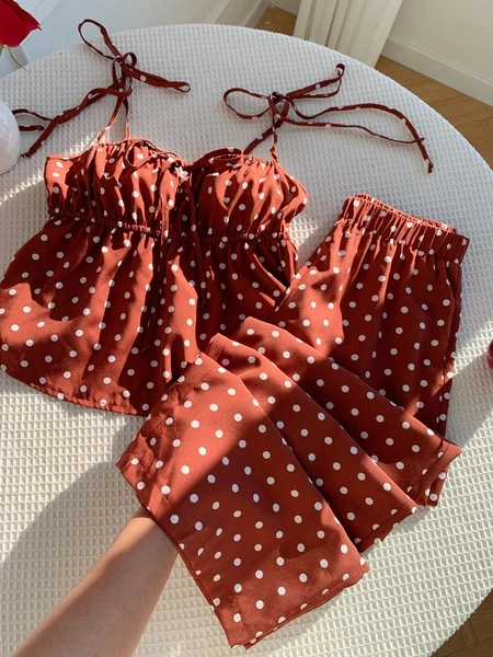 Comfortcana Women's Fall Casual Polka Dot Print Camisole And Pants 2 Pieces Set, Summer Polka Dot  Cute Two Piece Sets,Halloween Outfit Two Piece Polka Dot Polka Dot Two Piece Set