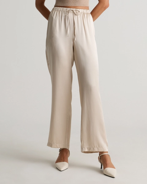 100% Washable Silk Drawstring Wide Leg Pants in Champagne