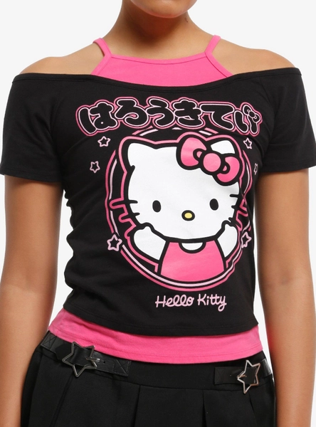 Hello Kitty Pink Portrait Girls Cold-Shoulder Top