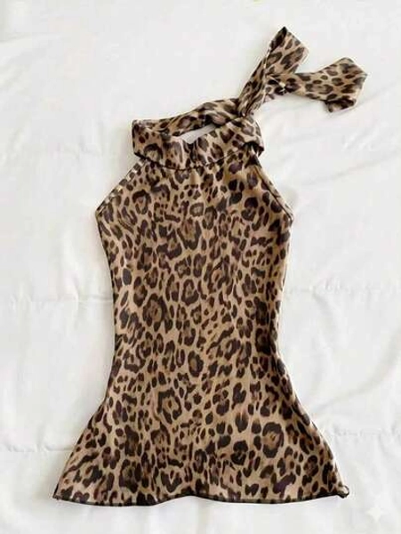 SHEIN Women's Leopard Print Halter Tie Casual Versatile Daily Wear Top - Size L