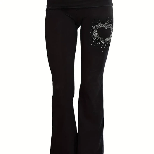 Y2K Low-Rise Flared Pants with Rhinestone Heart Detail