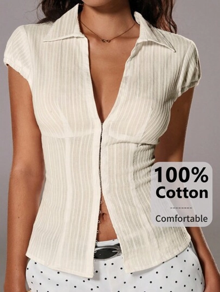 TRNVIE Summer White Textured Collared Fitted Slim Fit Chest Button Sexy Office Lady Cotton Striped Short Sleeve Shirt 100% Cotton 100 Percent Cotton