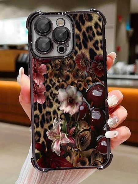 1pc Leopard Cherry Flowers Compatible With Apple Phone17/16/15/14/13/12/11/ProMax/Pro/Plus/Xs Max/XS/X,Four Corner Anti Fall Transparent Soft Shell Anti-Slip, Anti-Drop, Camera Lens Protection, Silicone Anti Wear Phone Case