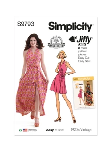 S9793 (PDF) |  Simplicity Sewing Pattern 1970s Misses' Knit Front-Wrap Halter-Dress in Two Lengths (PDF) 