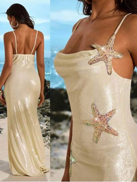 Opulessa Casual Dress For Holiday Dates,Vacation Beach Dress With Wide Collar, Large Backless Design, Hollow Star Pattern, Patchwork In Solid Color, Women's Halter Dress, Back-To-School Outfit, Very Simple Outfit, Office Outfit, Old Money Outfit, Teacher Outfit, Date Outfit, Graduation Season, Women's Independence Day Dress, Sister Afternoon Tea Party Festival Dress Starfish Dress Beach Photoshoot Dress,Seashell Dress,Sexy Elegant Party,Graduation,Prom,Luxury Evening,Autumn Winter Clothes For Women, National Day,  New Year Clothes,  Going Out Outfit,