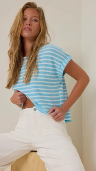 Hattie Stripe Roll Sleeve Crew