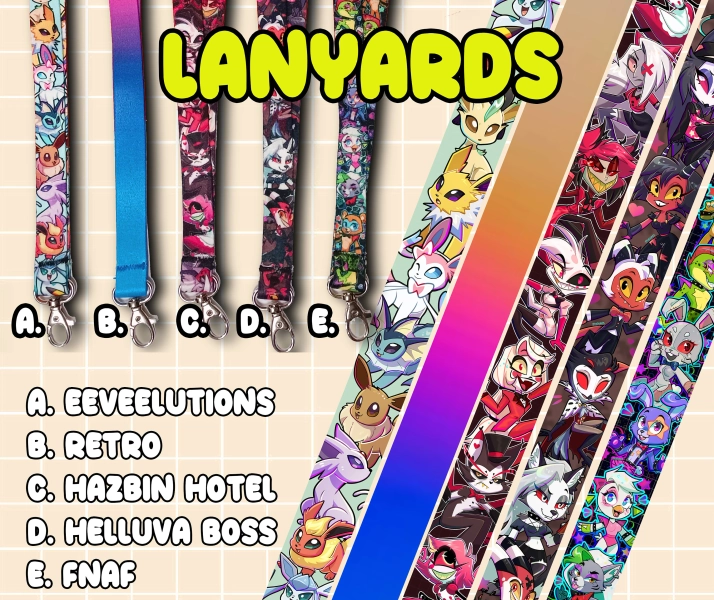 Lanyard Keychain Holder ID Badges Strap Keys // FNAF, Hazbin Hotel, Helluva Boss, Eeveelutions, Retro Gradient