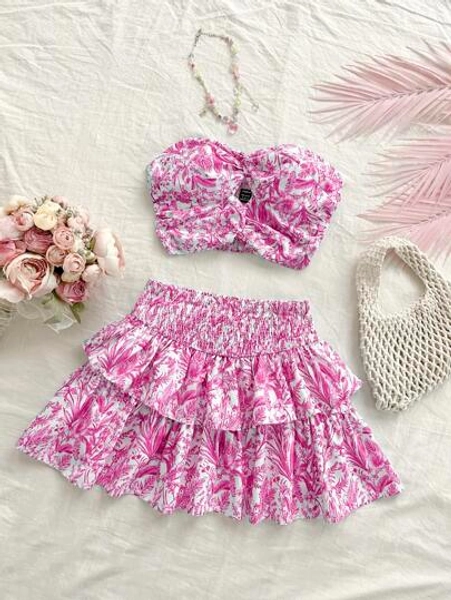 Soleia 2pcs Vacation Set: Twist Front Cropped Cami Top And Tiered Mini Skirt, Blue & White