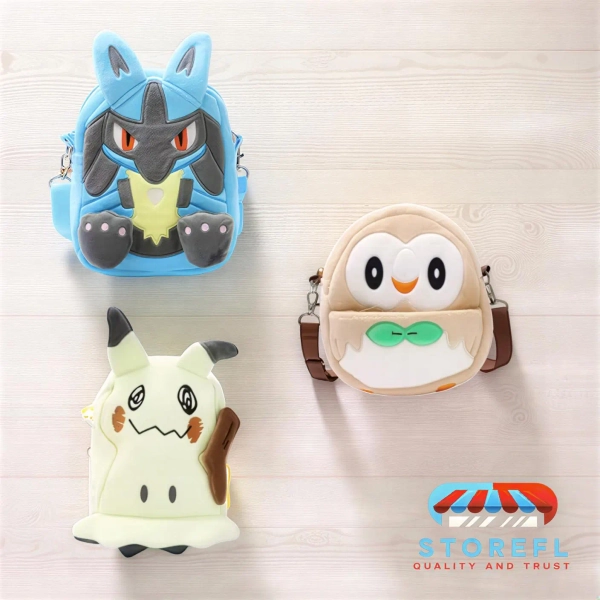 Pokémon Plush Crossbody Bags (20cm) - Lucario, Mimikyu and Rowlet Small Backpack - Kawaii Anime Shoulder Bag