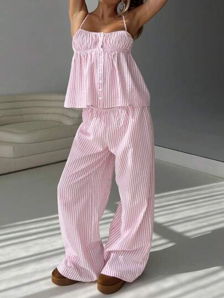 Camisole Crop Top & Wide Leg Pants Set, Buttoned Striped Blouse, Energetic College Style Outfit, Spring/Summer New Arrivals
