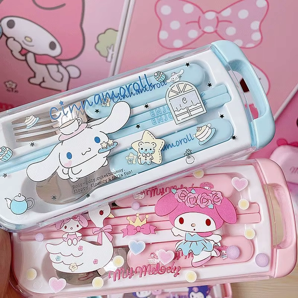 Sanrio Hello Kitty Melody Kuromi Cinnamoroll Cartoon Stainless Steel Tableware Portable Chopsticks Spoon Fork Three Piece Set - AliExpress 26