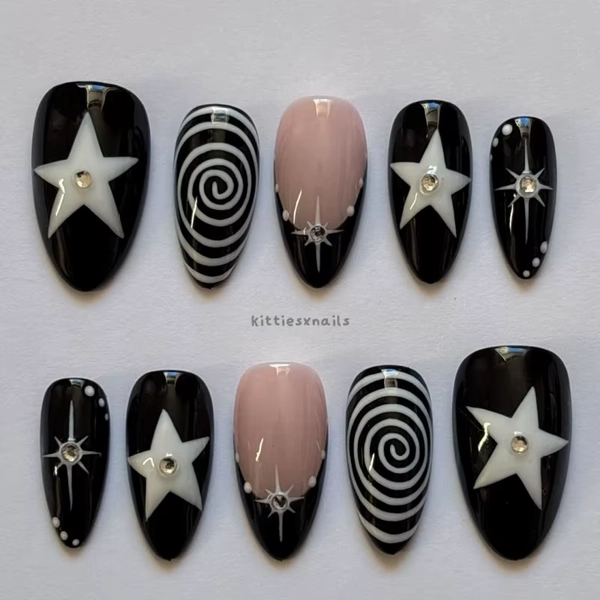 10 Pieces of Hand-Pressed Almond-Shaped Nails, Beautiful False Nails, Featuring Black Swirl Punk Stars, Suitable for Women